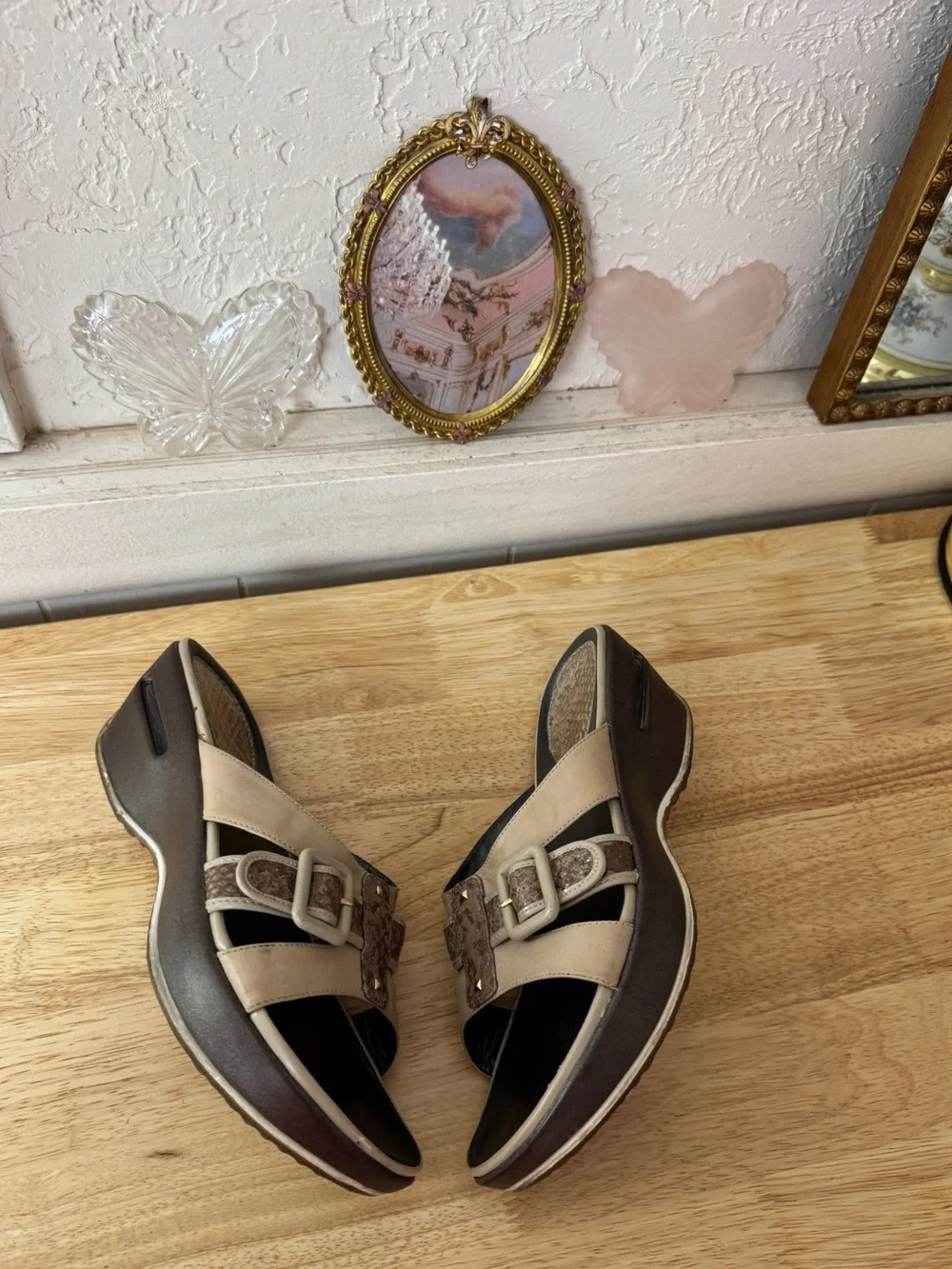 2000’s Cole Haan Y2K Platform Wedge Slide Sandals Beige Brown Leather Size 7